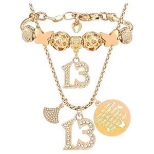 13 yr old girl jewelry gift set Gold NecklacePendant and charm bracelet NWT